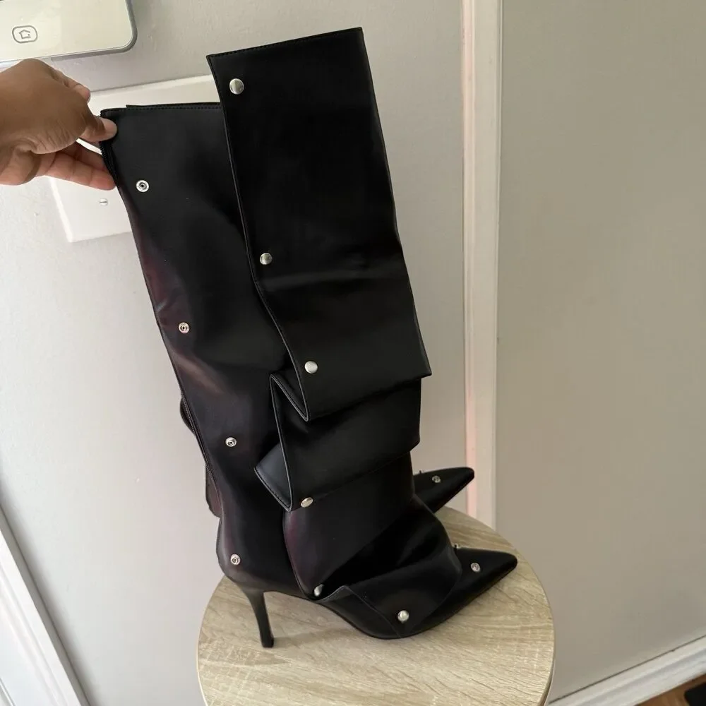 Eusibb Slouch Pointed Toe Knee High Boots Stiletto 8.5 Heel Pull On Convertible